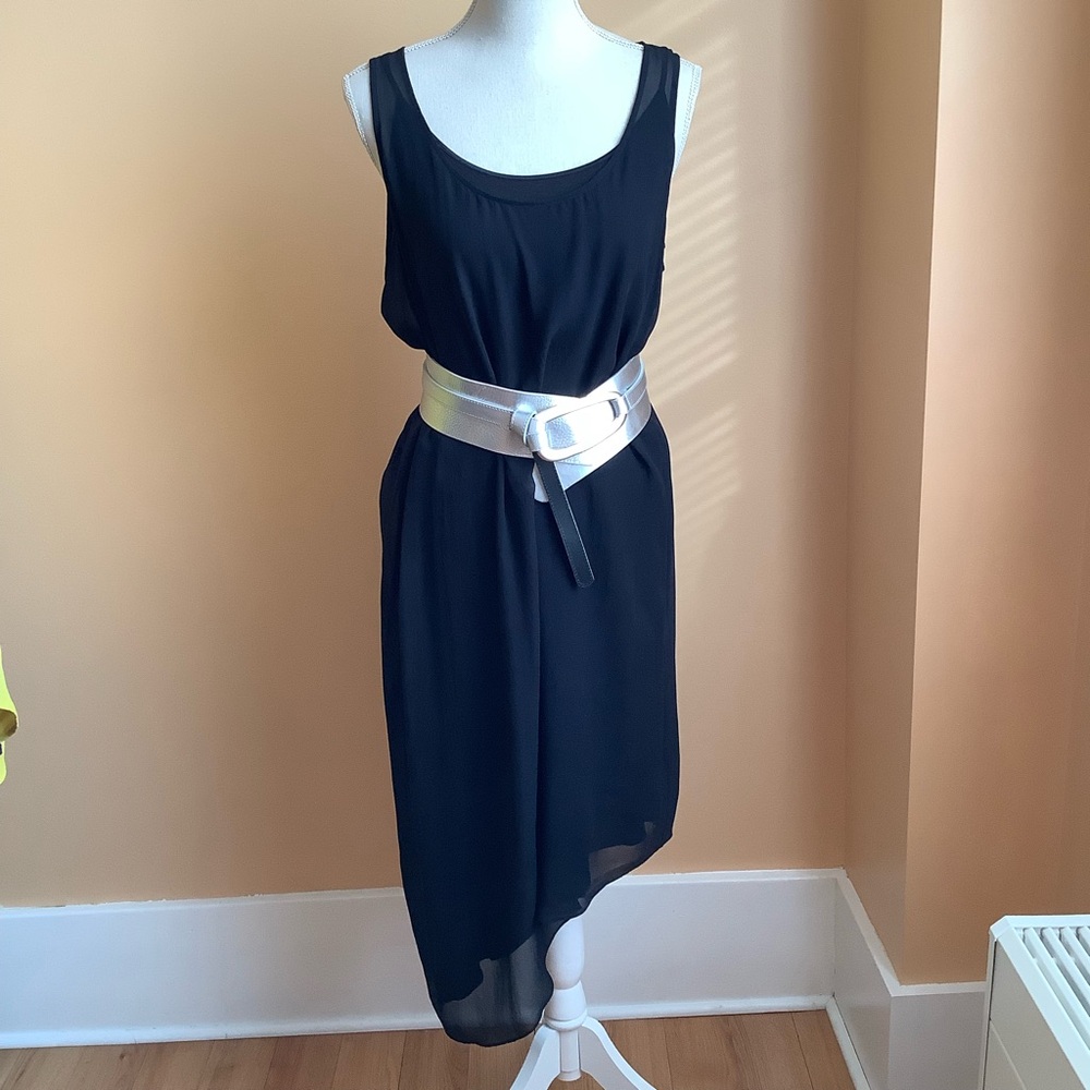 EILEEN FISHER Sheer Silk Georgette Layered Asymmetrical Black Dress Size M - Picture 2 of 15